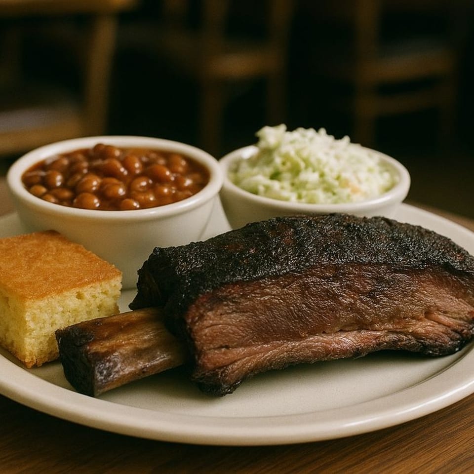 Uncle Bill's BBQ plate with a large beef rib, cornbread, baked beans, and coleslaw.