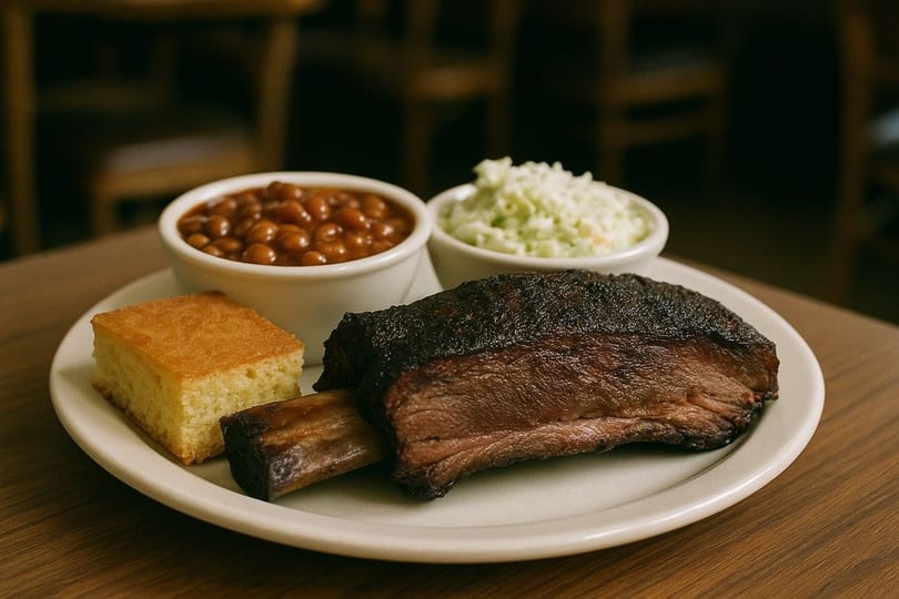Uncle Bill's BBQ plate with a large beef rib, cornbread, baked beans, and coleslaw.