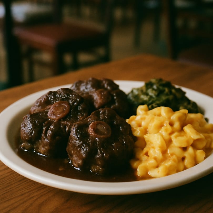 Oxtails with gravy, mac and cheese, and collard greens on a white plate at Uncle Bill's BBQ.