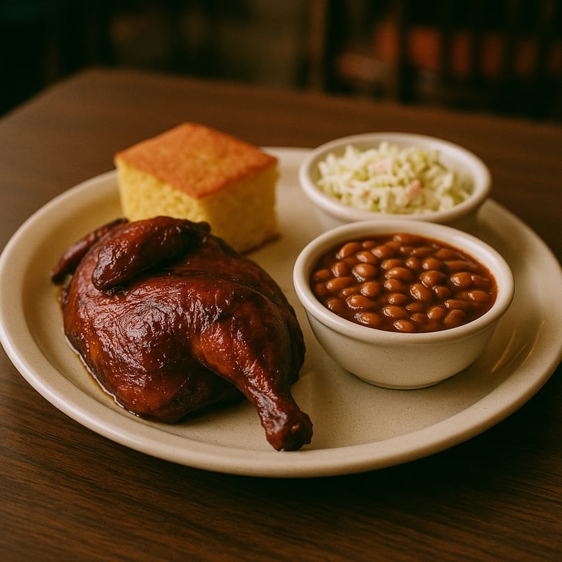 Uncle Bill's BBQ chicken quarter with baked beans, coleslaw, and cornbread on a plate.