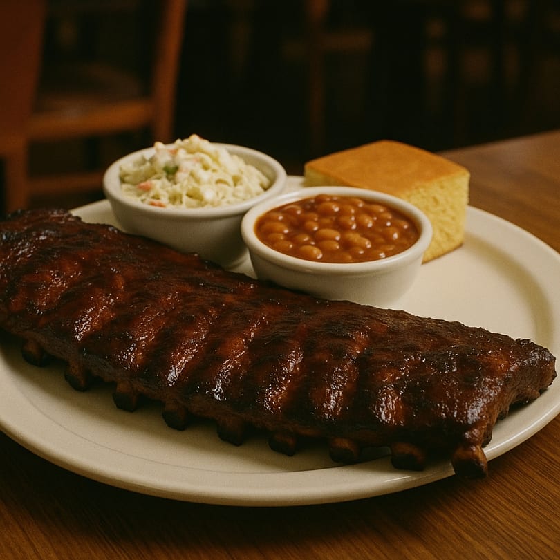 A full rack of Uncle Bill's BBQ ribs with sides of coleslaw, baked beans, and cornbread.